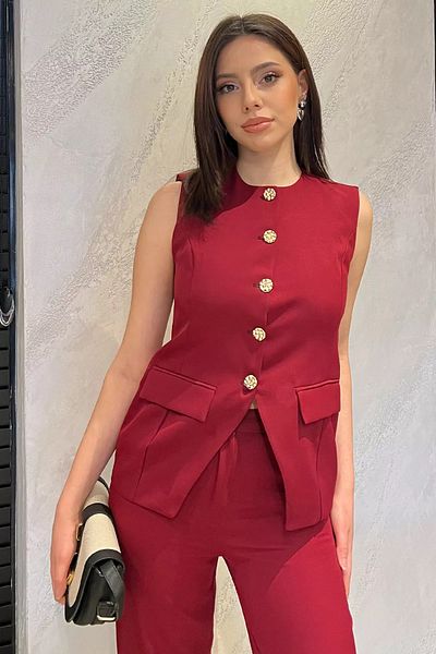 GÜLSELİ Burgundy Button Detailed Vest Trousers Double Set