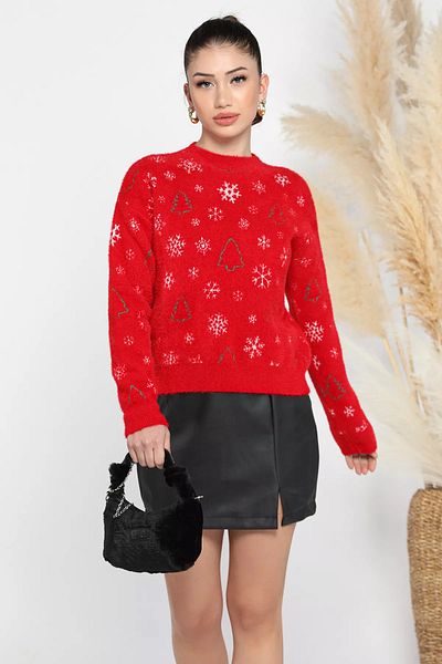 GÜLSELİ Red Women's Christmas Themed Raised Soft Yarn Knitwear Sweater