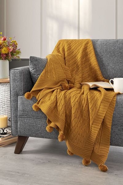 Sevim Pătură TV cu pompon tricot - șal pentru umeri și șal - pătură pentru genunchi - 130x170cm - muștar