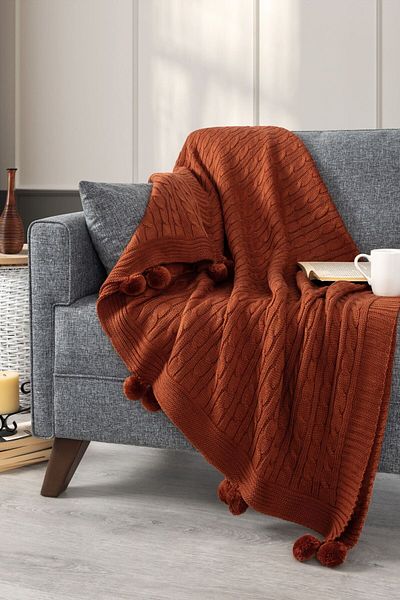 Sevim Pompom Knitwear Knitted Tv Blanket – Sofa & Shoulder Shawl & Knee Blanket –130X170 Cm-Tile-Terra