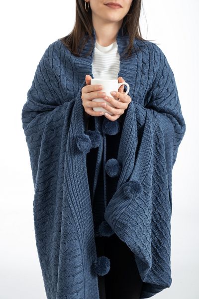 Sevim 130X170 cm Indigo Pompom Knitwear Tv Blanket - Armchair and Shoulder Wrap Knee Blanket