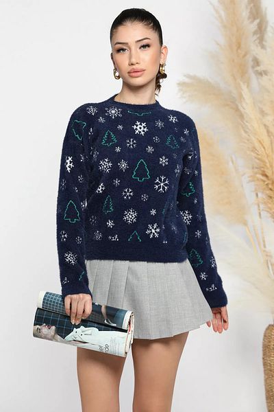 GÜLSELİ Navy Blue Women's Christmas Themed Raised Soft Yarn Knitwear Sweater