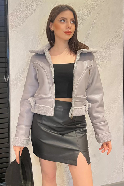 GÜLSELİ Gray Women's Belt Detailed Plush Faux Leather Coat