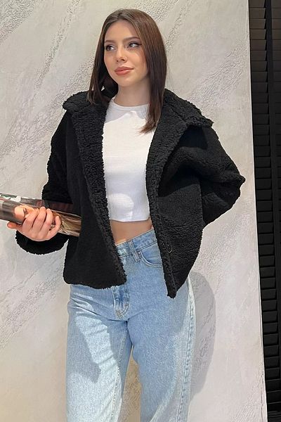 GÜLSELİ Черно дамско плюшено яке с подплата