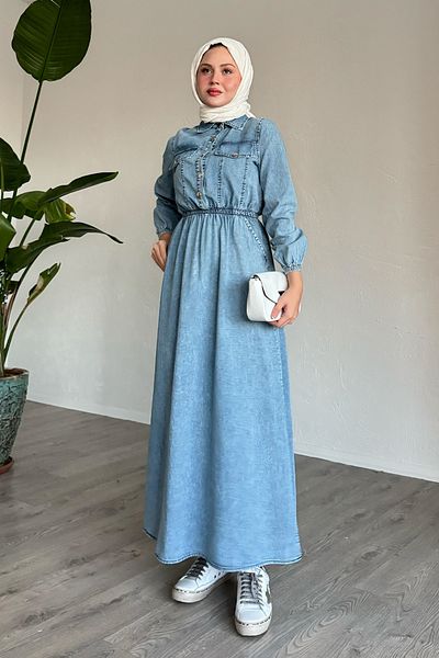 InStyle Rochie albastră din denim cu detaliu de acoperire și talie elastică