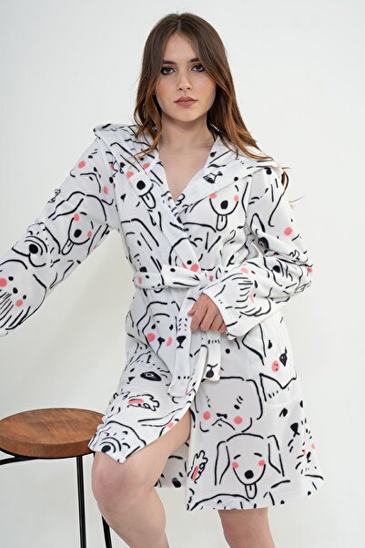 VİENETTA Women's Hooded Short White Fleece Dressing Gown C1T3N0O302