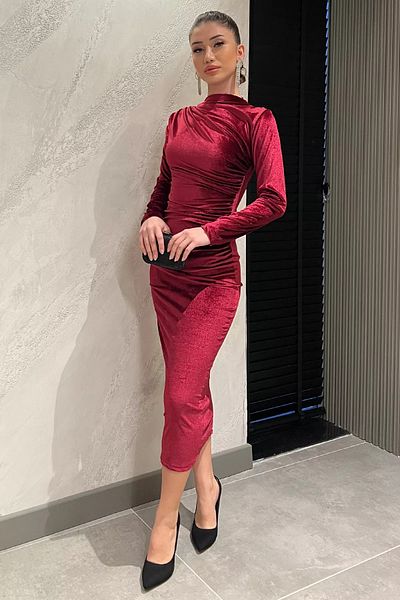 GÜLSELİ Plum γυναικείο φόρεμα με γιακά ώμου και μέσης με βελούδινο Lycra