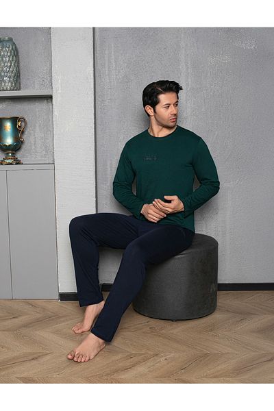 Huq Moda Sude ανδρικό μπαμπού χακί βαμβακερό χτενισμένο μακρυμάνικο σετ πιτζάμες με λεπτομέρεια τσέπης με απαλή υφή
