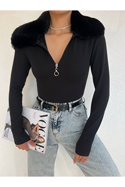 Modamorfo Blouse with Fur Collar and Front Zipper