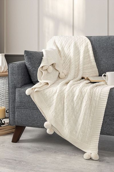 Sevim Knitwear Pompom Tv Blanket - Seat and Shoulder Shawl - Knee Blanket - 130X170Cm - Cream