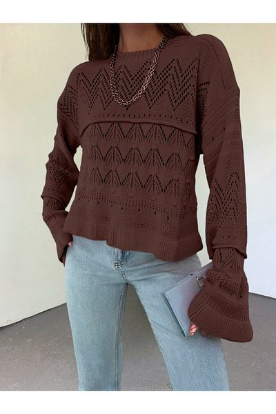 Modamorfo Langärmliger Strickpullover mit durchbrochenem Pompom – braun