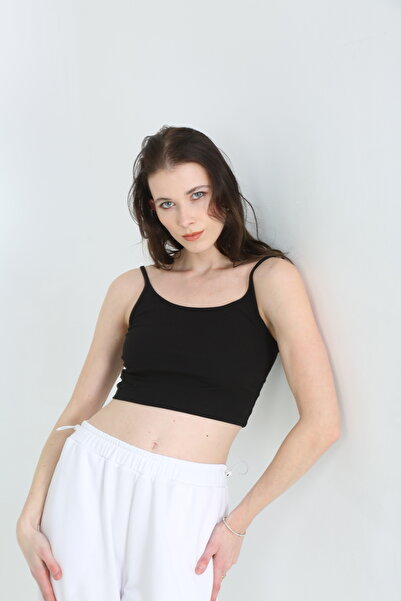 EDSA Siyah Askılı Sıfır Kol Şık Günlük Kadın Crop