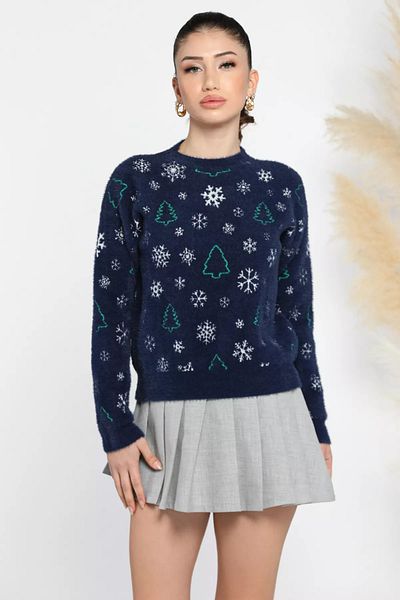 GÜLSELİ Navy Blue Women's Christmas Themed Raised Soft Yarn Knitwear Sweater