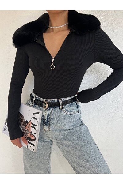 Modamorfo Blouse with Fur Collar and Front Zipper