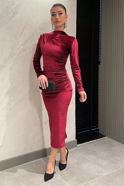 GÜLSELİ Plum γυναικείο φόρεμα με γιακά ώμου και μέσης με βελούδινο Lycra