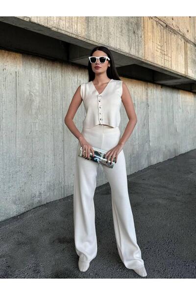 İKRAFASHİON Düğmeli Yelek Pantolon Triko Takım