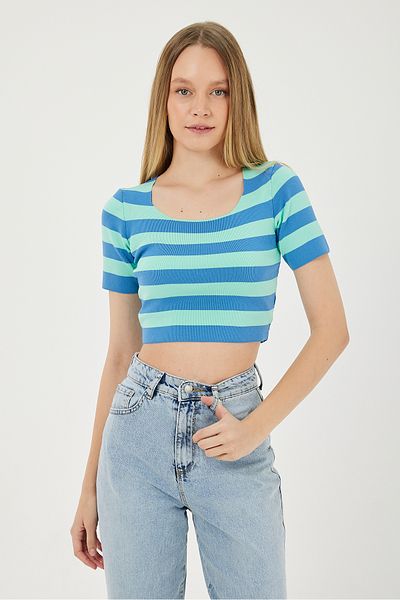 POODLE Tricotaj cu dungi cu guler pătrat pentru femei Crop Top Bustieră
