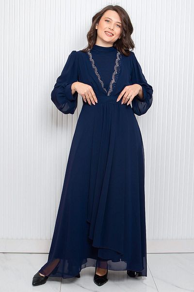 SUBU TASARIM Navy Blue Chiffon Evening Dress with Stone Print Detail, Tbs950