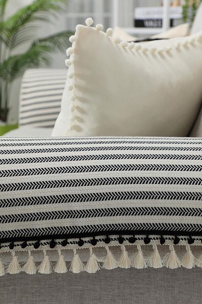 Aisha's Design 65X65 cm Armrest Set with Striped Pompom and Tassel Detail - Kc-10