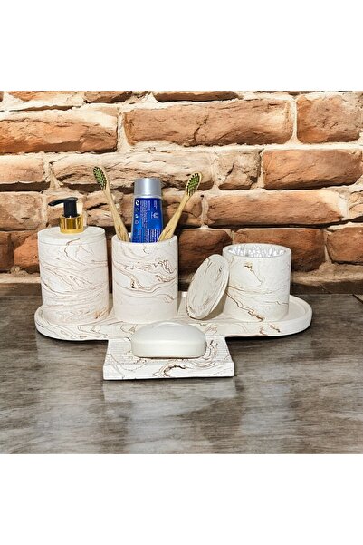 Chiko Mall Elegant Marble Detailed Concrete Bathroom Accessory Set (5 PIECES)