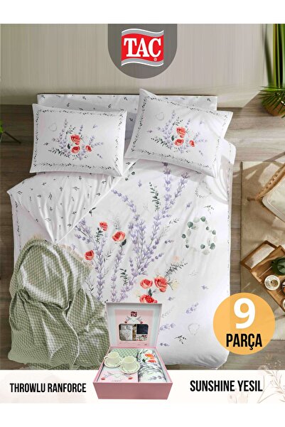 Taç SUNSHİNE YEŞİL THROWLU RANFORCE ÇİFT KİŞİLİK NEVRESİM TAKIMI ( 2 ADET FİNCAN HEDİYELİ )