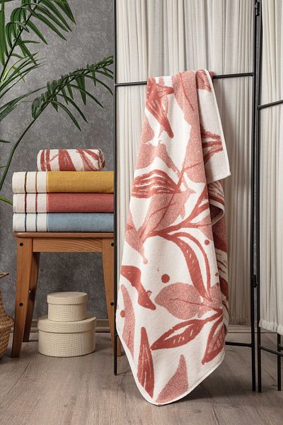 Sevim Leaf Pattern Bath Towel - High Water Absorbent and Soft, 100% Cotton-Tile, 90X150Cm