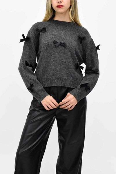 birizmoda Pulover cu detaliu panglică de culoare antracit