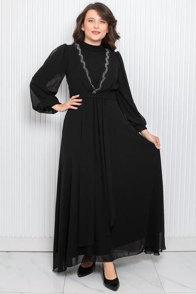 SUBU TASARIM Βραδινό φόρεμα μαύρο σιφόν - Λεπτομέρεια με στάμπα πέτρας, TBS950