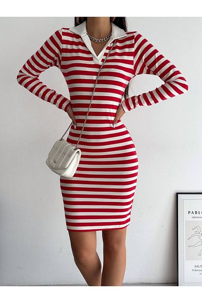 Modamorfo Long Sleeve Neckline Striped Dress - Red