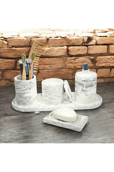 Chiko Mall Elegant Marble Detailed Concrete Bathroom Accessory Set (5 PIECES)