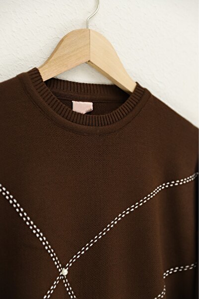 Modamorfo Balonový rukáv, pletená tunika s perličkami - hnědá