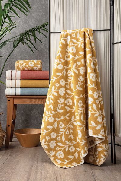 Sevim Mustard Yarn-Dyed Floral Print Bath Towel - High Water Absorbent and Soft 100% Cotton - 90X150 cm
