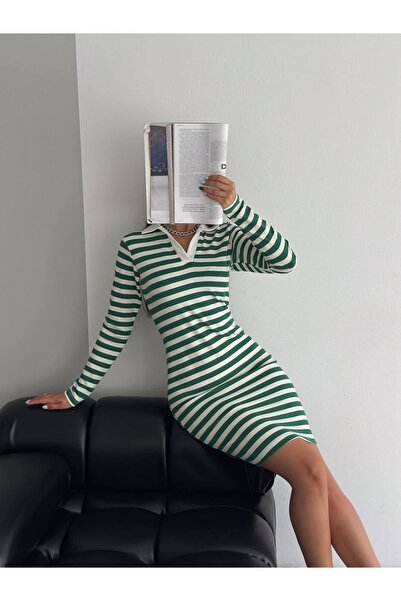 Modamorfo Collared Striped Long Sleeve Dress - Green