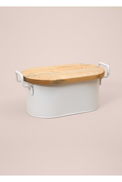 RİVO HOME DECOR Stripe Wooden Lid Bread Storage Box White 40X22X18 cm