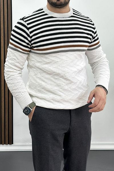 Edwox Men's Striped Crew Neck Slim Fit Knitwear Sweater White Edw019