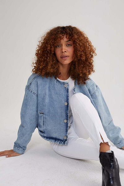 Perryes Jachetă bomber de denim oversize albastră pentru femei