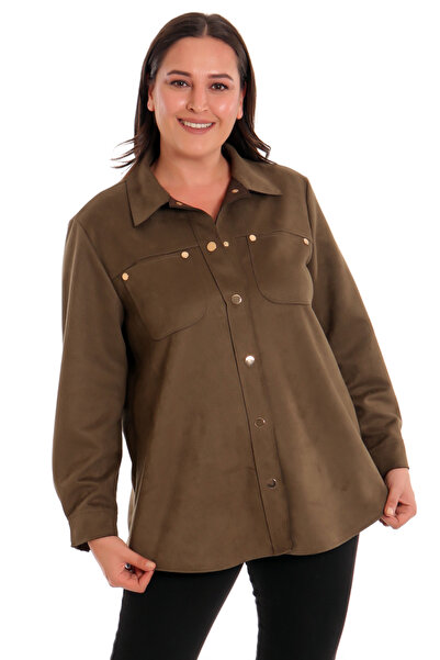 Bushe Butik Çıt Çıt Düğmeli Cep Detaylı Süet Haki Gömlek