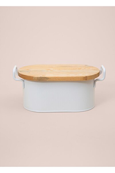 RİVO HOME DECOR Stripe Wooden Lid Bread Storage Box White 40X22X18 cm