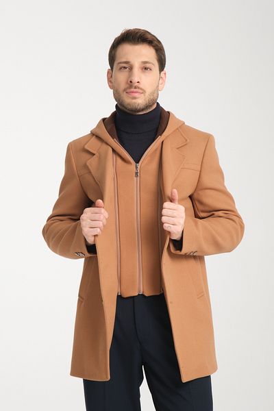 Frappoli Ανδρικό παλτό με κουκούλα Dark Camel με χοντρό γιακά με φερμουάρ κανονική εφαρμογή