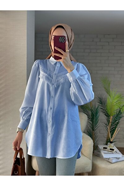 Modamorfo Güpür Püsküllü Ham Keten Balon Kol Gömlek -Bebe Mavi