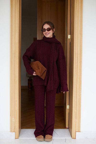 Askı Nişantaşı Burgundy Weft Hair Braided Knitwear Pants Set(I Pre-Order Product Will Take Off after 03-01-2025