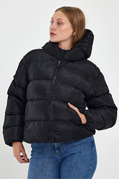 MİSS PERRY Women's Black Hooded Puffer Jacket Coat