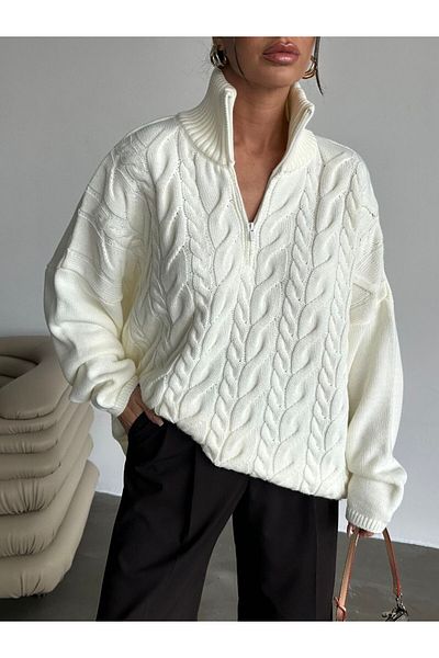 Gallogi Hair Knit Patterned Women's Oversize Sweater with Half Zipper