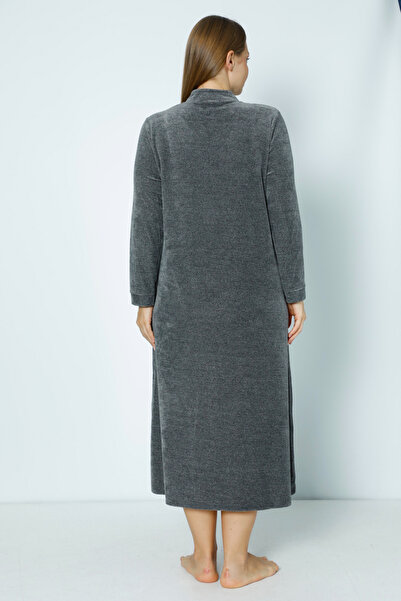 İntensive Women Gray Long Sleeve Zipper Embroidery Women's Plus Size Cotton Velvet Dress