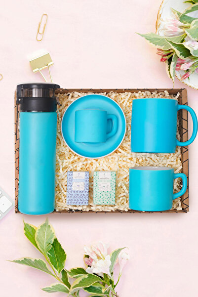TrendHediye Açık Mavi Renkli İçim Seti, Matara, Kupa Bardak, Nescafe Fincanı,...
