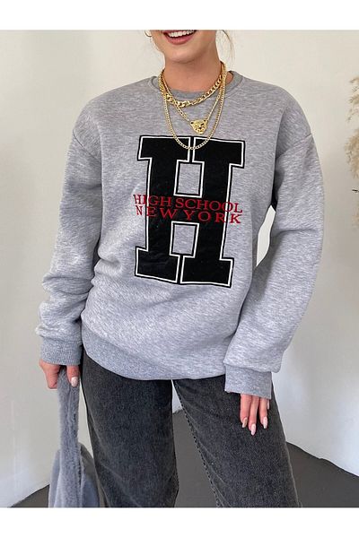 Modamorfo Μπροστινό κέντημα Crew Neck Sweat Tunic -γκρι