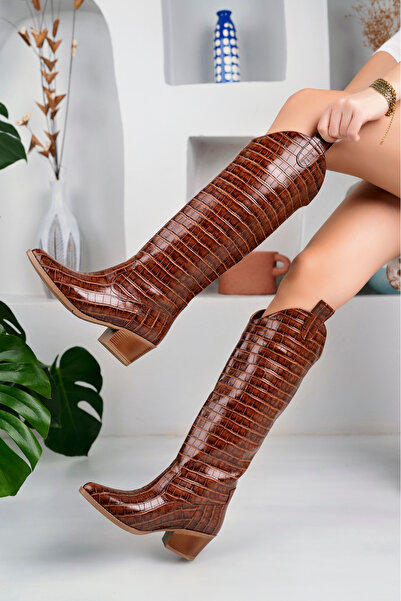 Favi Ayakkabı Taba Rugan Parlak Kroko Model Kadın Çizme
