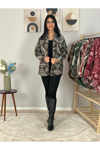 YusGos Women's Single Pocket Print Thick Lumberjack Jacket Shirt (Coffee)