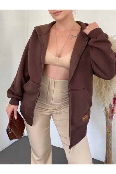 Modamorfo Coat of Arms Zippered Hooded Sweat -Brown