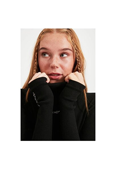 Lonca Tekstil Black Fitted/Fitted Turtleneck Finger Detailed Ribbed Stretchy Knitted Knitwear